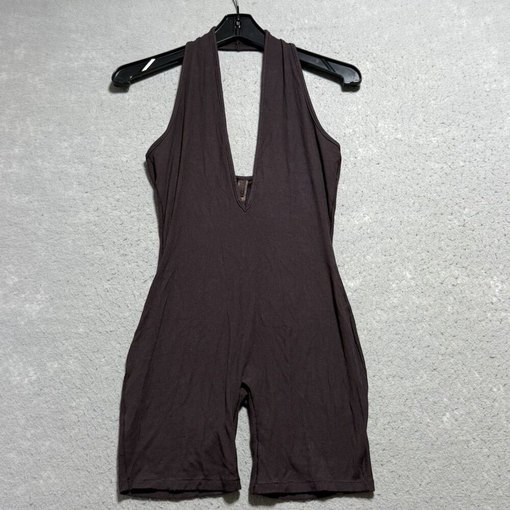 Skims Plunge Halter Bodysuit Women’s Medium Brown Soft Lounge Sleeveless